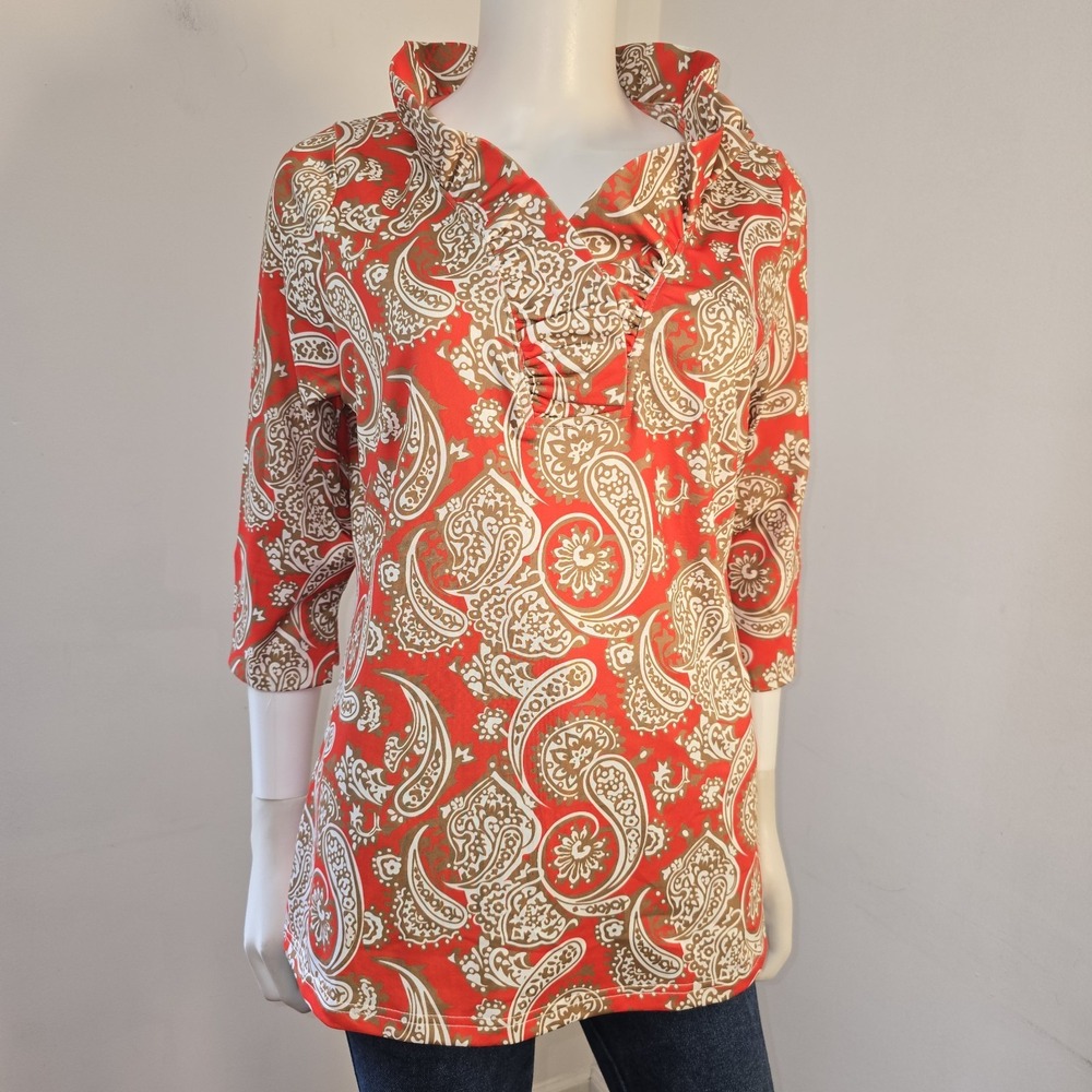 Gretchen Scott Blouse Top Stand Up Ruffle Collar Contrast Cuff Paisley Size XL